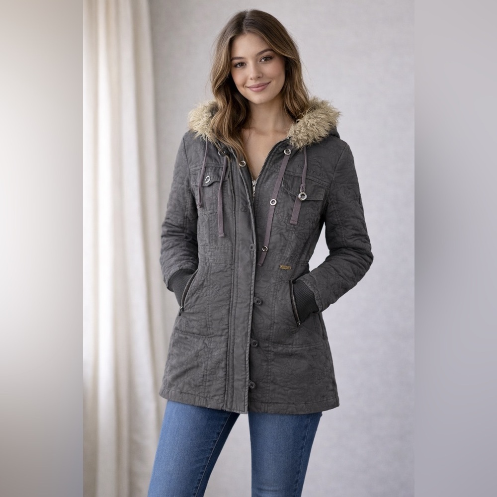 Women's Billabong Gray Hooded Jacket with Faux Fur Trim size M